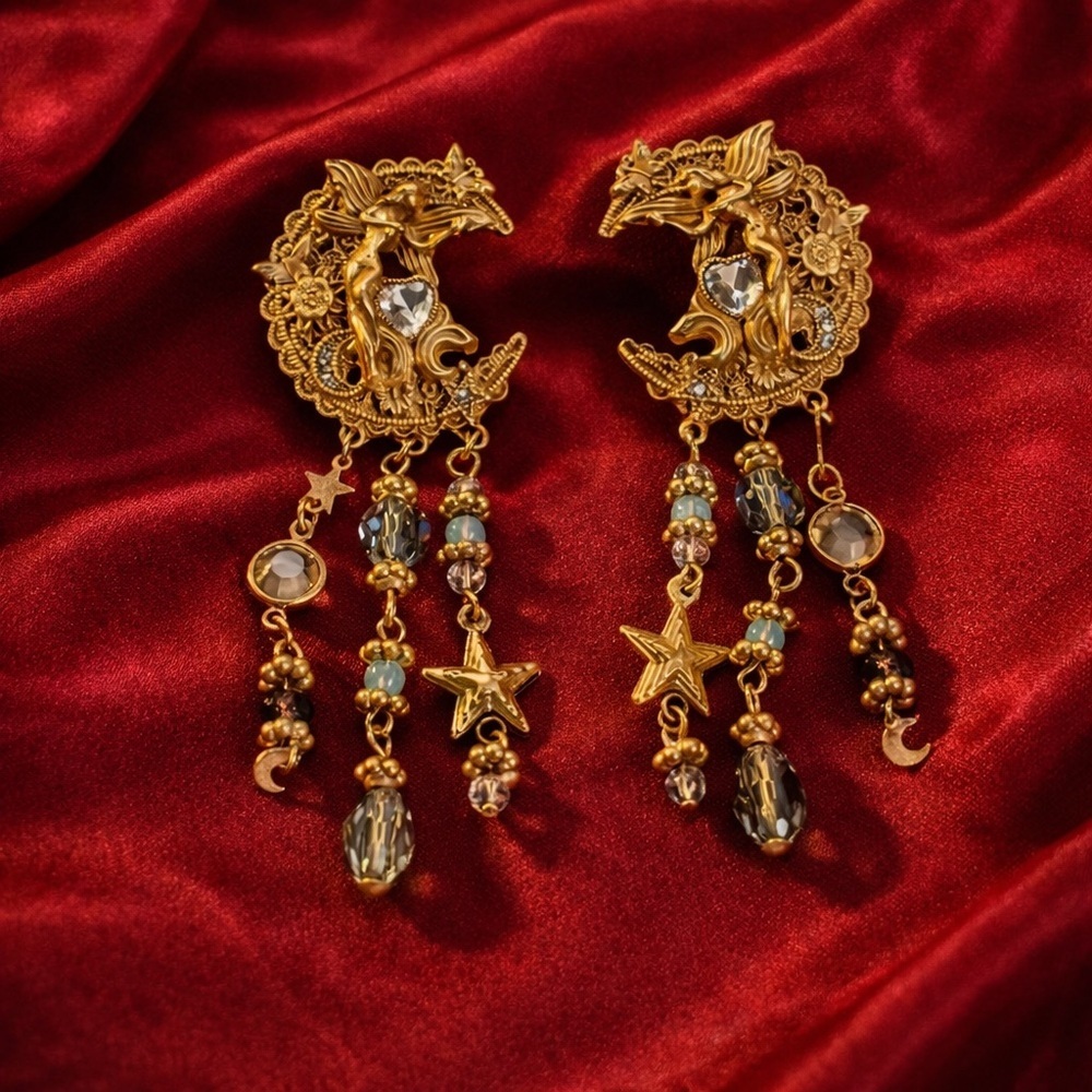 Vintage Antique Victorian Celestial Moon Dragon Earrings - Picture 2 of 8